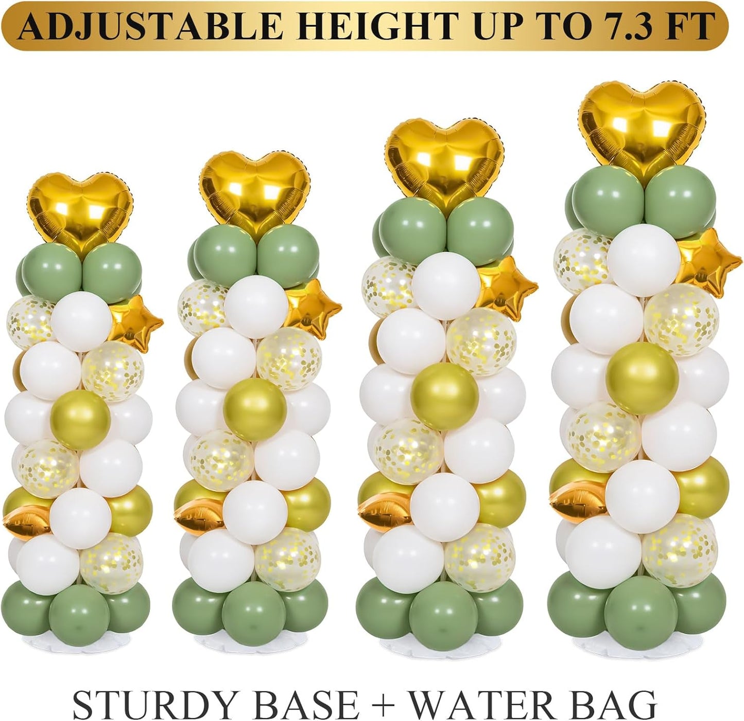2 Sets 7FT Balloon Column Stand Kit with 103PCS Balloons – Adjustable Metal Balloon Tower with Weighted Base & Water Bags (Avocado Green & Gold)