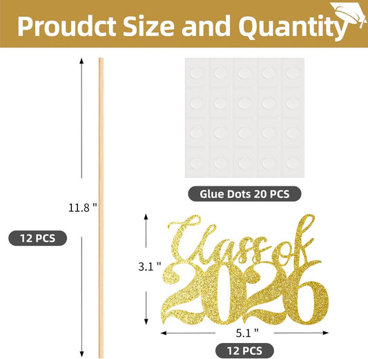 Ohuimrt Class of 2026 Graduation Decorations, 12 PCS Gold Graduation Centerpieces Sticks Double-Sided Table Toppers for Grad Party Decoration