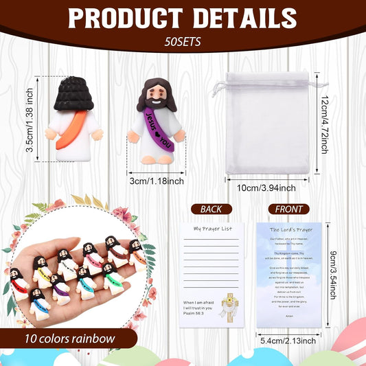 Bememo 150 Pcs Christian Gifts Bulk Bible Verse Cards Little Jesus Figures Prayer Cards Organza Bags for Easter Hunt Religious Party Favors Sunday Baptism, 50 Set(Classic Color,Open Hands)
