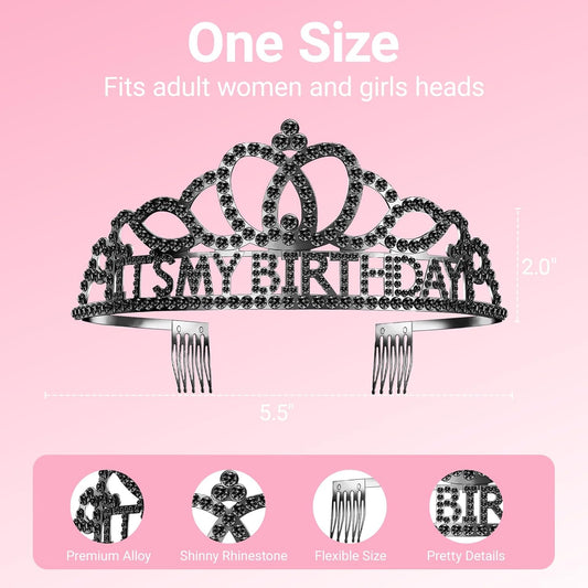 Birthday Tiara and Crown with Sash, Birthday Tiara for Women Party Silver