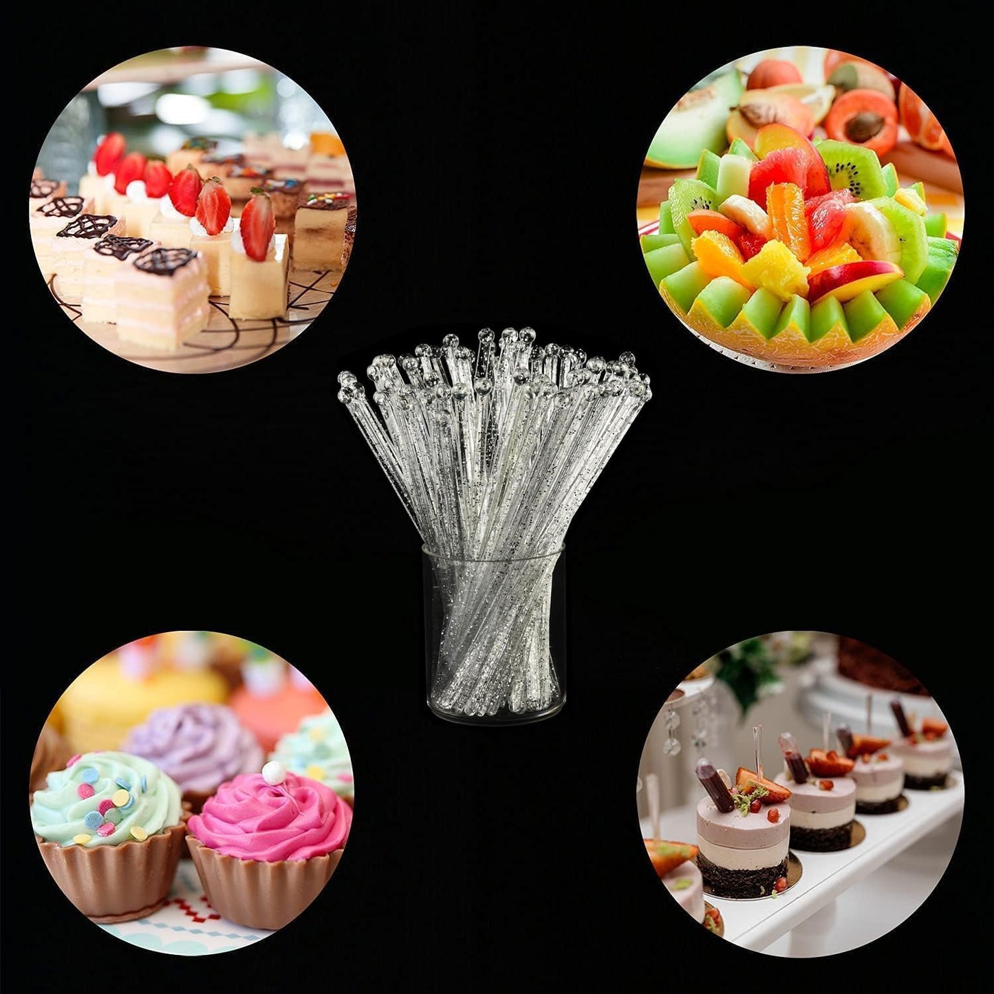 ALINK 50 Counts Gold Glitter Plastic Swizzle Sticks, Crystal Cake Pops, Cocktail Coffee Drink Stirrers, 7.24 Inch