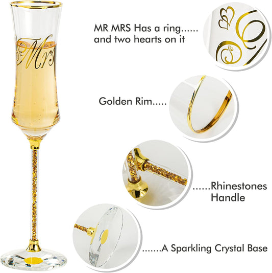 Wedding Cake Knife and Server Set, Wedding Cake Cutting Set with Mr and Champagne Flutes Glasses for Bride and Groom Gifts for Couples