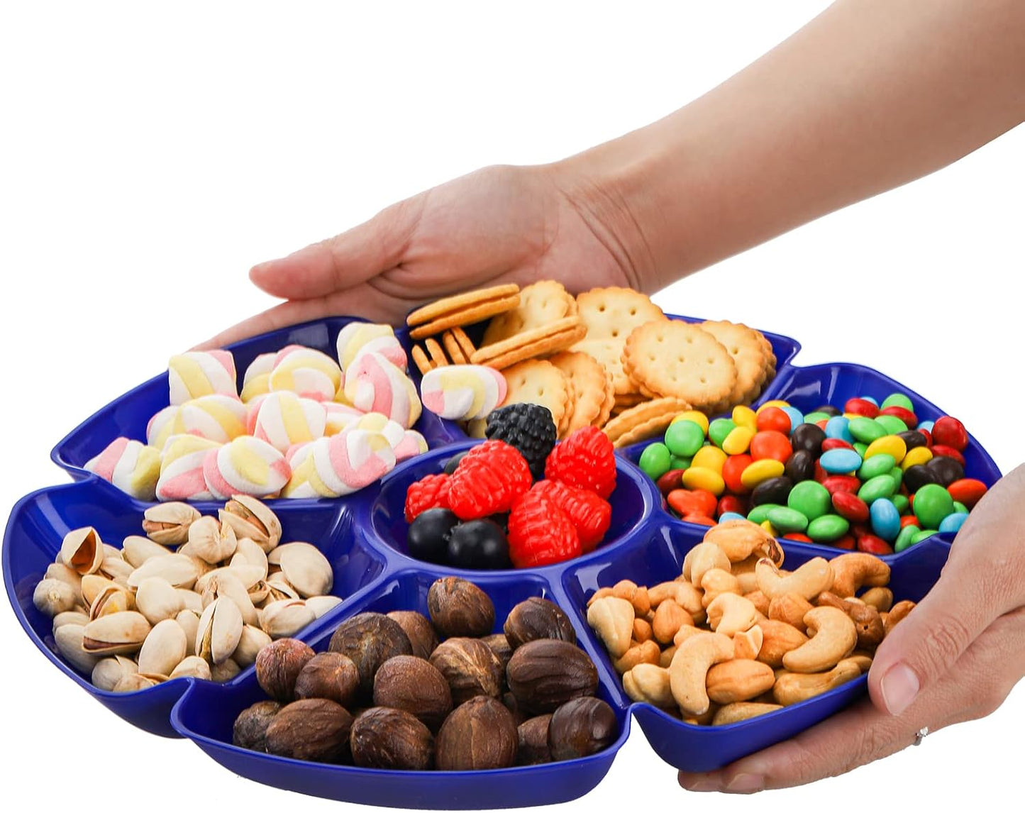 AVLA 12 Pcs Plastic Snack Serving Tray, 12 Inch Unbreakable Chip and Dip Divided Serving Plates, Round 7 Compartments Multifunctional Food Platter for Snack, Nuts, Candy, Dried Fruit, Veggies