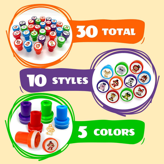 30PCS Animal Stamps for Kids, Safari Party Favors Self- Ink and Washable Stamps for Kids Birthday Gifts, Teacher Stamps
