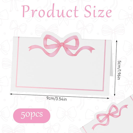 Wedding Place Cards, 50 Pcs Pink Bow Name Cards for Table Setting, Folded Tent Card for Baby Shower, Bachelorette Party & Bridal Shower, 3.54 x 1.96 Inch (Pink)