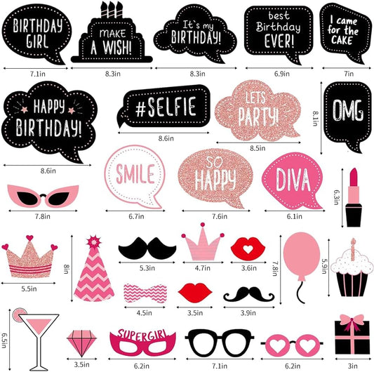 Birthday Photo Booth Props for Women or Girls,30pcs Rose Gold Glitter Funny Selfie Props for Bday Party Decoration Supplies