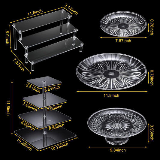 6 Pcs Acrylic Dessert Stands Set Include Display Risers Cupcake Tower and Clear Round Dessert Trays Cake Table Holder for Wedding Baby Shower Decoration(Classic Style)