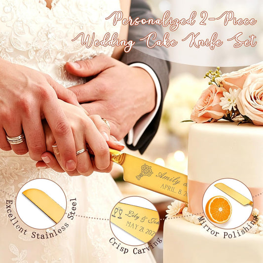Personalized Wedding Cake Knife and Server Set, Custom Engraved Cake Cutting Set with Name Date, Customized Wedding Gifts for Birthday Bride & Groom (2 - Piece Set)