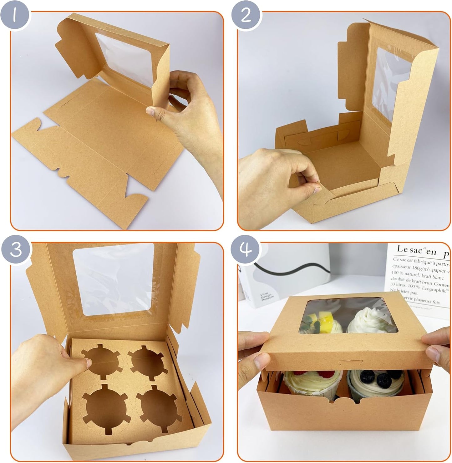 MUMULULU 8 PCS Brown Paper Cupcake Boxes with 4 Cavity Cookie Gift Boxes with Clear Window 4 Treat Holder Cupcake Containers Bakery Cake Box for Birthday Party Bakery Supplies
