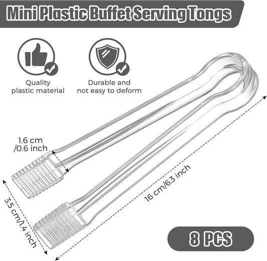 Didaey 8-Piece Plastic Tongs - Clear Mini Serving Utensils, 6.3 Inch Small Tongs for Food, Ice, Salad, Buffet, Weddings, Barbecue Party