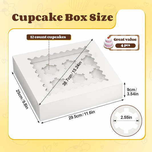 4Pcs Cupcake Boxes, 12 Count Cupcake box, Viewing Window Cupcake Containers, Suitable for Parties, Banquets, Bakeries and Similar Settings