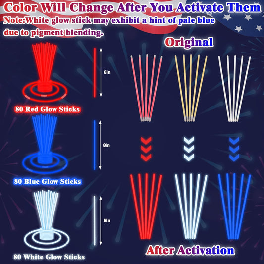 Kannove 240 PCS American Usa Flag Accessories for Kids, Patriotic Red White Blue Glow Sticks Party Favors Supplies Bulk,Light up Necklaces Toys Decor,Treat Goodie Gift Bag Stuffers for Toddlers