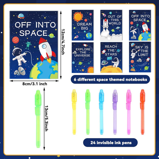 ZOIWA 48Pcs Outer Space Party Favors Notepads with Invisible Ink Pen Astronaut Party Favors Magic Spy Pens with Light Mini Space Notebooks for Kids Solar System Galaxy Party Gifts Goodie Bags Stuffers