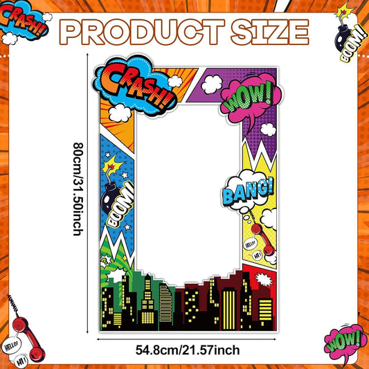 Comic Hero Photo Prop Colorful Hero Party Props Accessories Comic Book Photo Booth Frame Cartoon Birthday Party Decor for Boys Girls Kids Family Cartoon Birthday Supplies 21.57×31.50 Inches