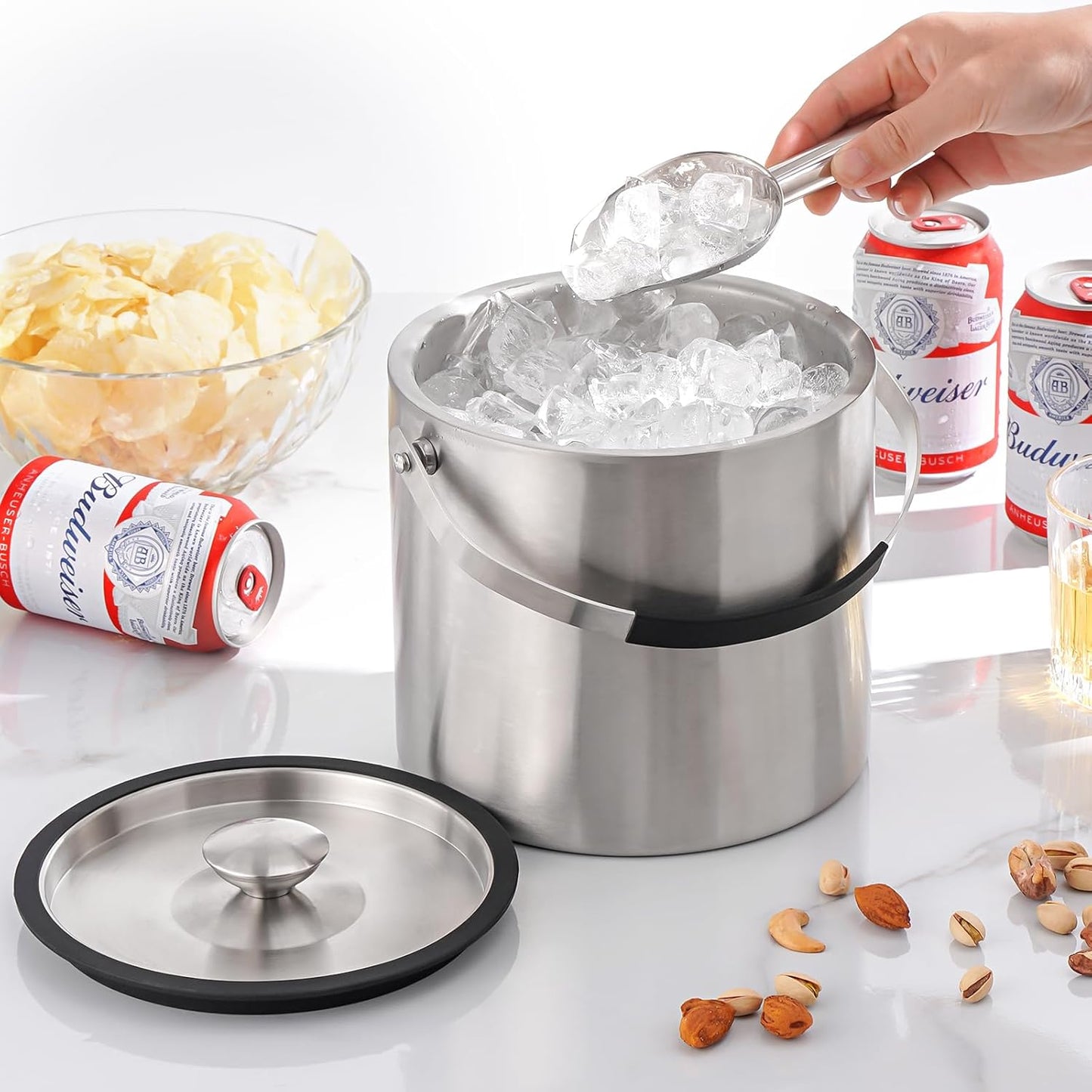 3.4Quart/3.2L Insulated Stainless Steel Ice Bucket with Lid, Scoop, Leather Design Double Wall Wine Bucket for Cocktail Bar, Parties (Dark Blue)