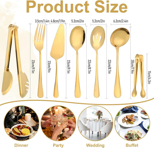 12Pcs Gold Serving Utensils Set, Stainless Steel Serving Utensils Set includes Serving Spoon, Serving Solted Spoons, Fork, Sugar Tongs, Food Tongs, Cake Spatula, Soup Spoon for Parties, Buffet