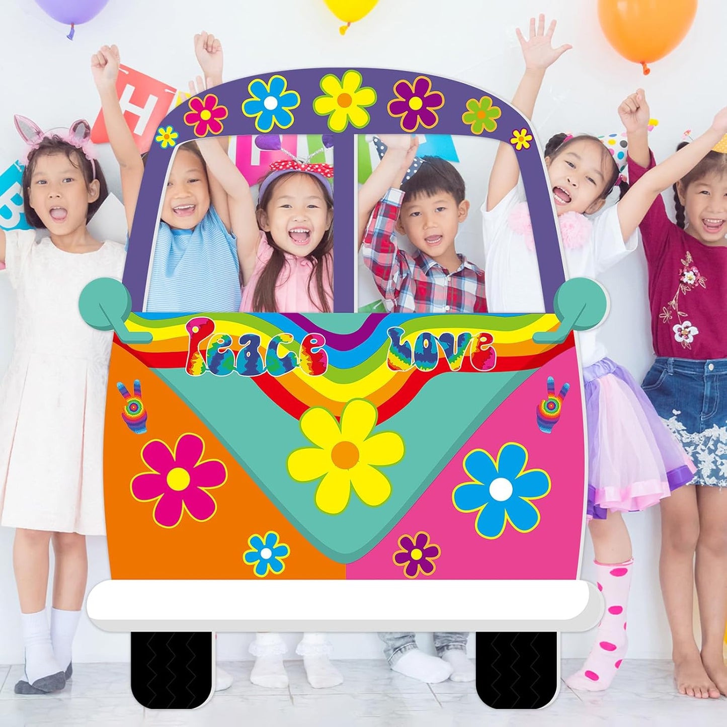 60's Hippie Bus Shaped Photo Prop 60s Party Decor Retro Groovy Foam Board Van Prop Hippie Selfie Frame Backdrop Birthday Party Supplies Retro 60s 70s Party Favor 34.6 x 31.5 Inch