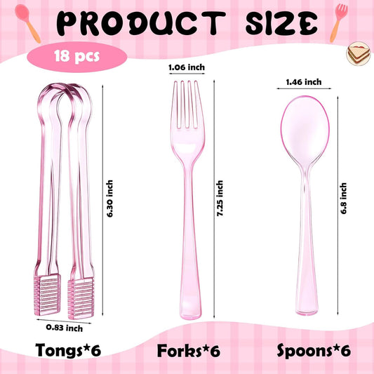 Potchen 18 Pcs Pink Plastic Silverware Set Disposable Clear Heavy Duty Serving Utensils 6 Serving Tongs 6 Spoons 6 Forks for Birthday Wedding Baby Shower Bridal Kitchen Food Ice Salad Buffet Party