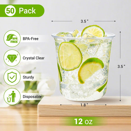 Soelomu 12 oz Disposable Stemless Wine Glasses, 50 Pcs Crystal Plastic Cocktail Cups Clear Classic Cold Drinking Party Glasses for Wedding Gathering Birthday Meeting (Clear)