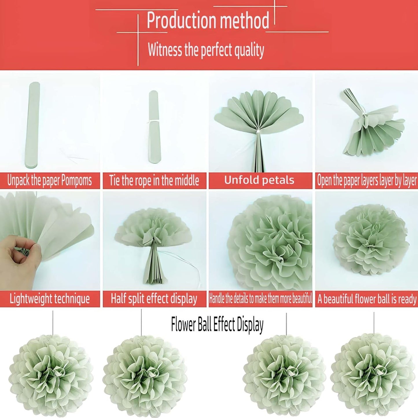 Sage Green Tissue Paper Pom Poms Flowers Balls 12 Pcs are Perfect for Party Celebrations or Any Green-Themed Event Decoration