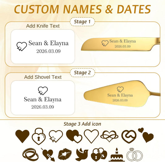 Custom Wedding Cake Cutting Set, Engraved Knife & Server with Names, Ideal Wedding Gift for Couples Bridal Showers Anniversaries (Gold)