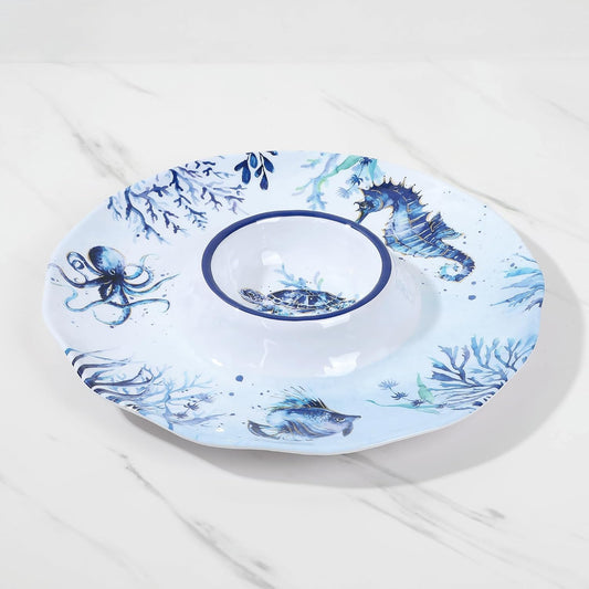 UPware Sea Life Melamine Chip and Dip Serving Tray, Round Serving Platter for Chips, Salsa, Fruit, and Snacks, Multicolor, 13.5 Inch