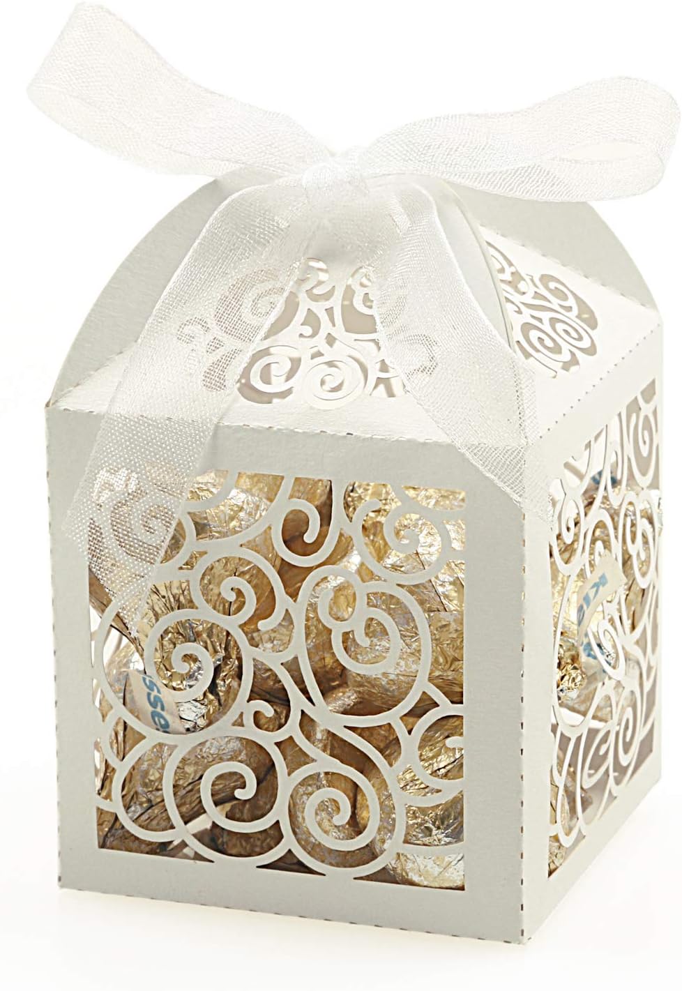 KPOSIYA 100 Pack Wedding Favor Boxes Laser Cut Boxes Party Favor Box Small Gift Boxes Lace Candy Boxes for Wedding Bridal Shower Baby Shower Birthday Party Anniverary with Ribbons (Pink, 100)