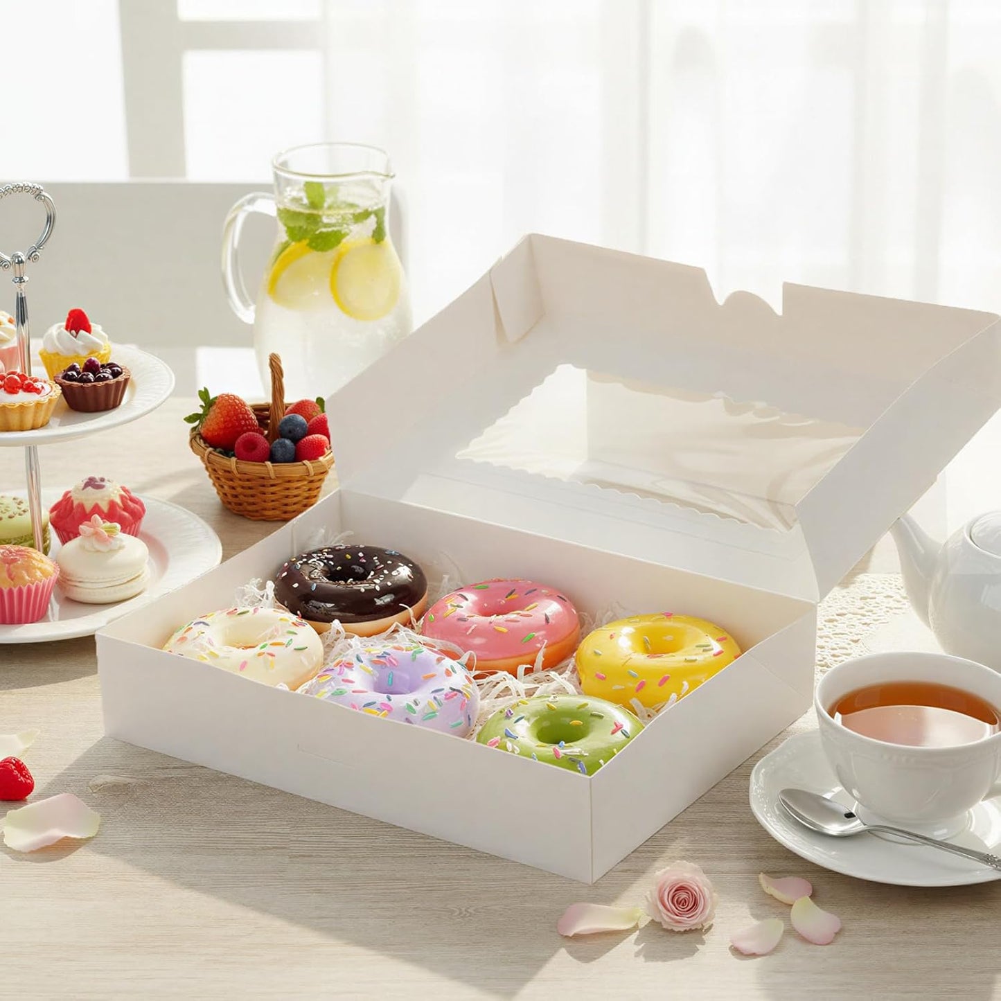 Moretoes 48pcs Bakery Boxes,12x8x2.5 Inches Cookie Boxes with 3 Style Window for Chocolate Covered Strawberries, Desserts, Cookies, with 4pcs Stickers