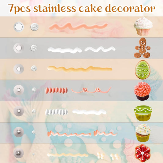 Dimeho 7 Pcs Round Hole Piping Tips Set Stainless Steel Cupcake Frosting Nozzles Cake Decorating Tool Russian Pastry Icing Dispensers Supplies for Baking Cookies Puff Doughnut Cream Bag Filler