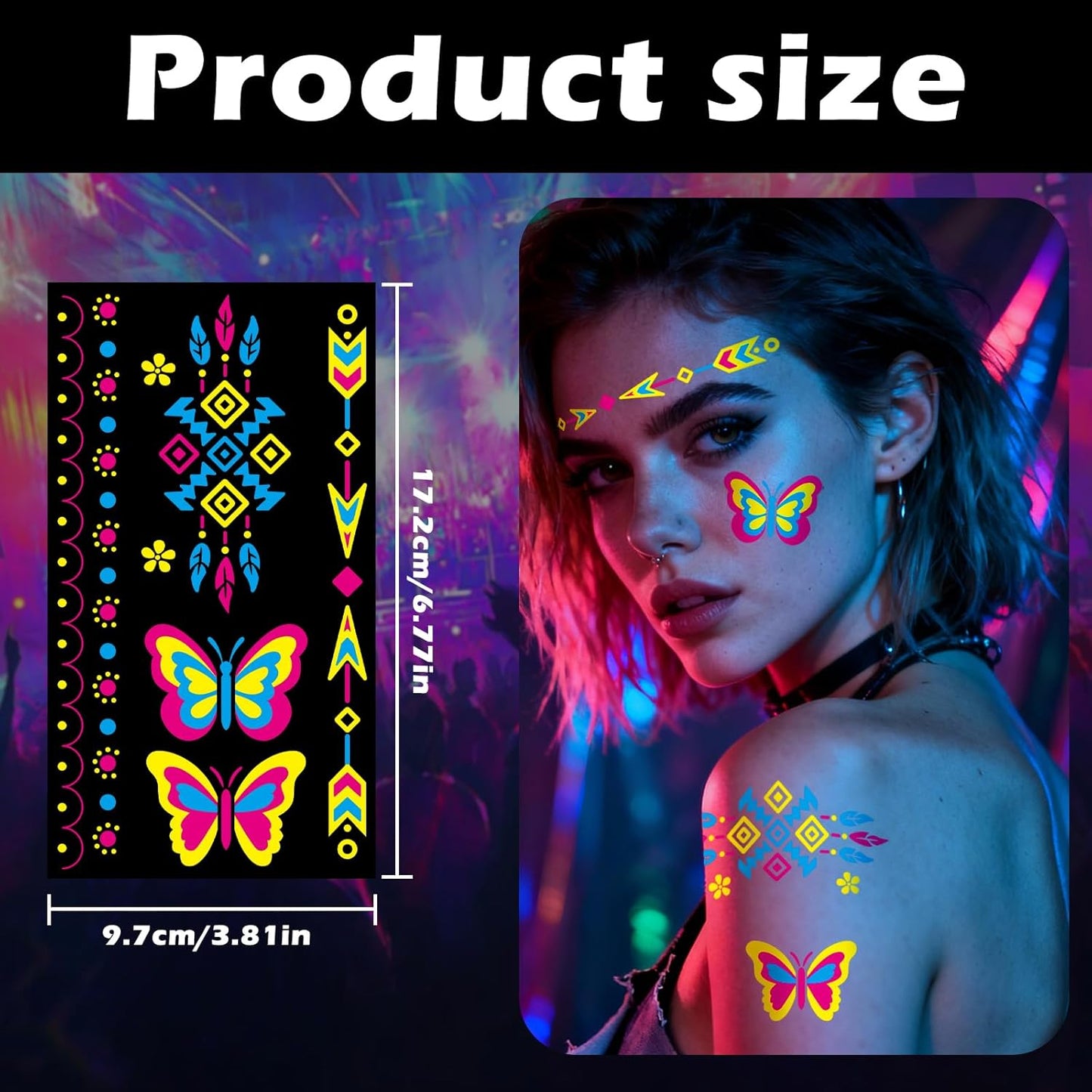Glow in the Dark Tattoos 256+ PCS – Luminous Party Supplies Neon Body Paint UV Face Temporary Tattoos for Adults Teens, 32 Sheets Neon Accessories Carnival Raves Party Favors & Decorations