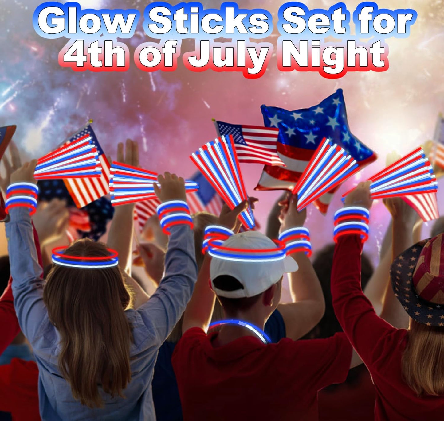 300 Pack 4th of July Glow Sticks Party Favors with Connectors,Patriotic Red White Blue Glow Stick Bracelets Nacklaces Glow in the Dark Party Accessories Memorial Day Decorations,250th Anniversary USA