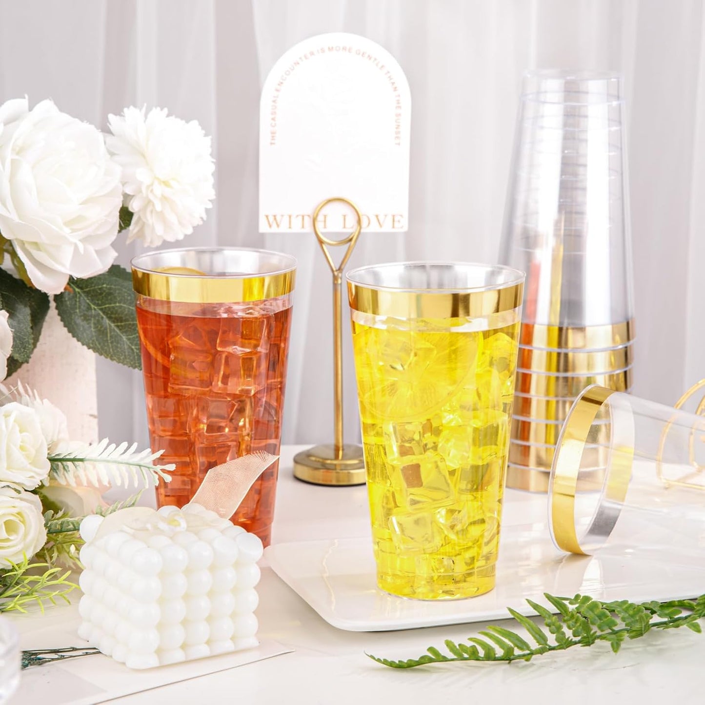 I00000 100 Pack 12 oz Gold Plastic Cups, Gold Rimmed Disposable Cups, Disposable Wine Glasses Cocktail Glasses Premium Cup with Golden Rim, 12 Ounce Plastic Tumblers for Party & Wedding