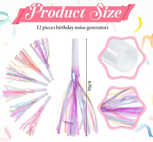 12 Pcs Party Blowers, Glitter Metallic Fringed Party Horns 7In Partys Noise Makers for Birthday Graduation New Years Favors Supplies