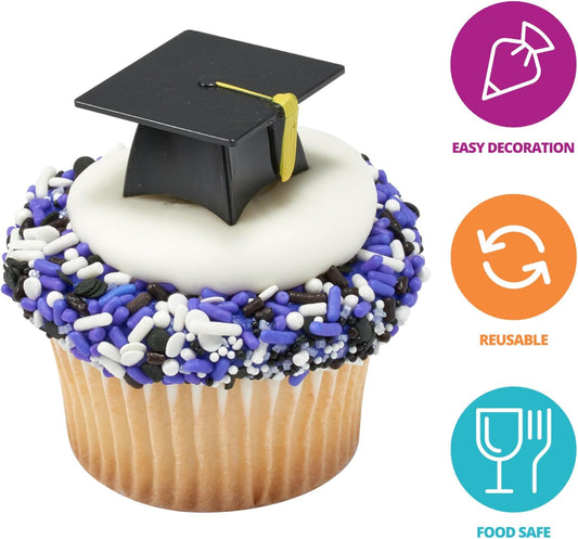 DecoPac Grad Hat Cupcake Toppers, 24 Graduation Cake Pics, Black Grad Hat DecoPics, Food Safe Cake Decorations - 24 Pack