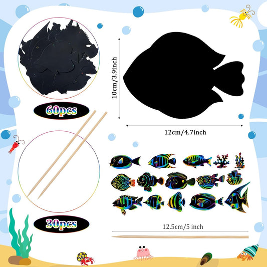 Liliful 60 Pcs Tropical Fish Scratch Cards Ocean Scratch Crafts for Adult Under the Sea Party Favors for Woman DIY Crafts Home Decoration Project Rainbow Arts, 15 Styles