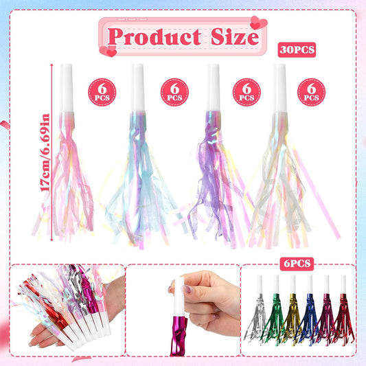 30 pcs Party Blowers Blowouts Noise Makers Metallic Fringed Party Horns Glitter Tassel Noisemakers Horn Whistles Blow Out for Birthday Graduation Sporting Wedding Favors Supplies New Years Eve