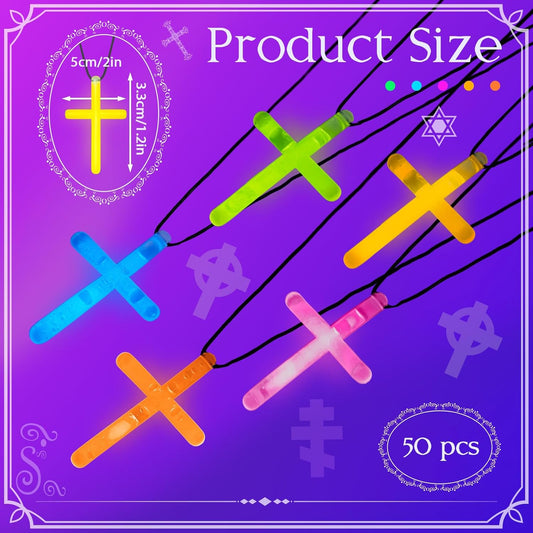 Tondiamo Cross Necklace Bulk Halloween Christian Favor 50/100 Pcs Glow in The Dark Cross Sticks Luminous Necklace for Church Religious Truck or Treat Party