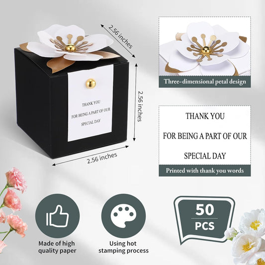 Affrolling 50 Pcs Wedding Favor Boxes with Thanks Card Square Flower Candy Boxes Paper Bridal Gift Box for Guests Wedding Bridal Shower Birthday Party Anniversary(Green)
