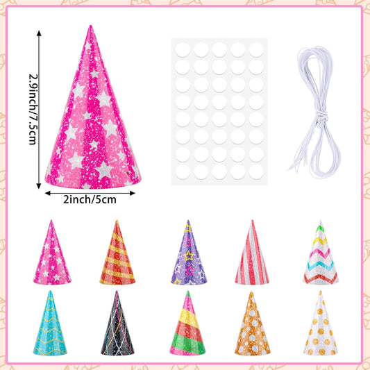 Hooqict 10 PCS Mini Party Hats for Stuffed Animals Kids Birthday Hats Glitter Paper Cake Cone Hats for Pet Birthday Baby Shower Party Supplies, Assorted