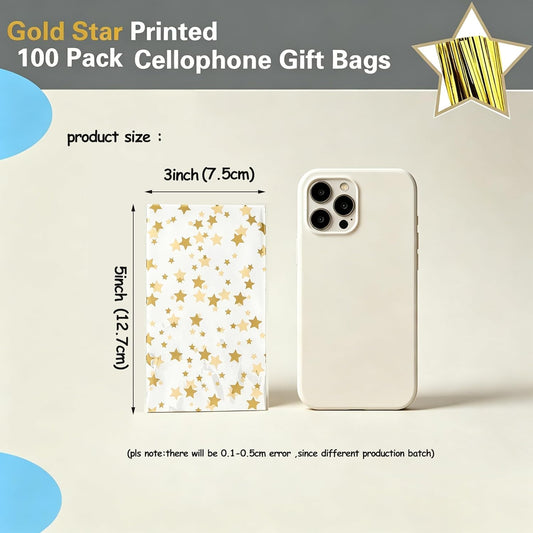 100 Pcs Star Printed 5"X 7" Gift Wrap Cello Cellophane Treat Bags Party Favor bags Clear Candy Cookie Bag Plastic Poly Goodie Storage Bag with Twist Ties for Bakery,Birthday, Wedding ,Party Decorations (Gold)