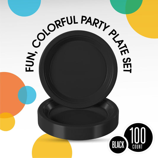 Party Solids Black Plastic Plates For Party 10" Black Disposable Plates For Party Supplies 100 Pcs Plastic Dinnerware Sets Heavy Duty 350 GSM Disposable Dinnerware Set