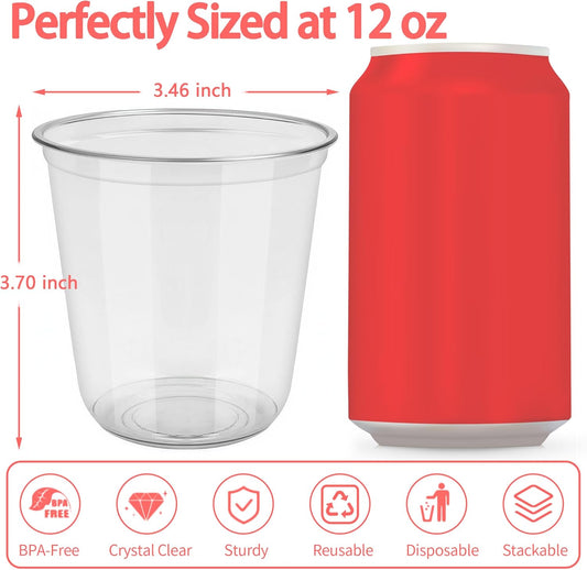 50 Pcs Pink Plastic Cups Disposable - 12 oz Stemless Wine Glasses Pink Party Solo Cups Cocktail Clear Drinking Glasses for Birthdays, Valentine's Day, Galentine's, Baby Showers, Wedding