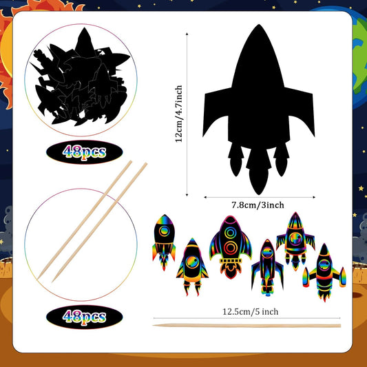 Liliful 48 Set Rocket Scratch Cards Space Theme Party Scratch Crafts Paper Card Art Favors for Adult DIY Crafts Home Decoration Project, 6 Styles
