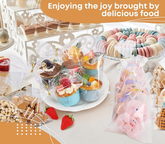SUREHOME Cellophane Bags, 100 Pack Clear Gift Bag Cellophane Treat Bags with Ties 6x10 Inch Plastic Small Cello Candy Bag for Birthday Party Favors Goodie valentines Cookies Bakery Snack Popcorn Wraps