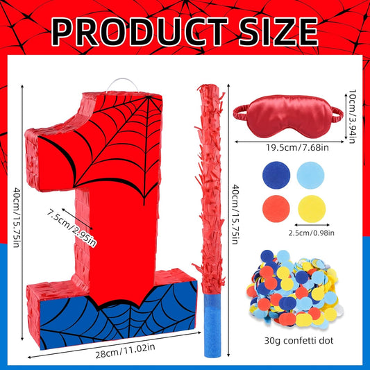 16 Inch Number 4 Spider Web Pinata with 16 Inch Piñata Stick Blindfold Confetti for Boy Girl Kids 4th Birthday Party Decorations (4th)