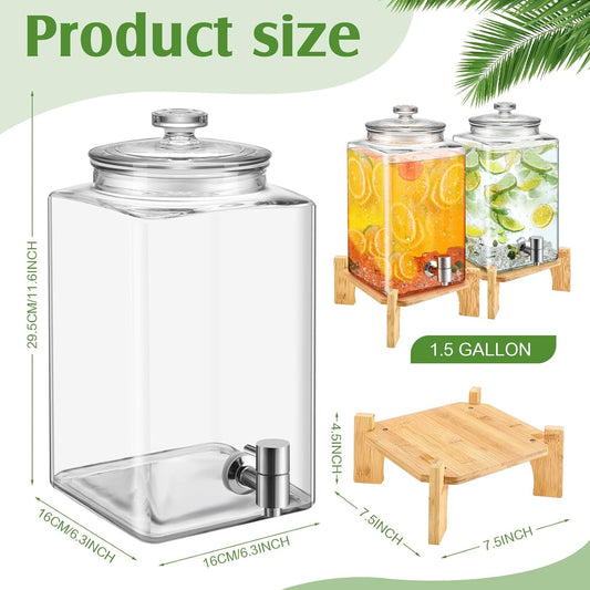 FillTouch 2 Set 1.5 Gallon Glass Beverage Dispenser with Wooden Stand Large Water Drink Dispensers for Parties with Leakproof Stainless Steel Spigot Glass Lid for Water, Juice, Iced Tea
