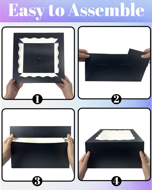 Bakepacker 12x12x8 Cake Box, 18 Sets Black Cake Box with Window & 18 Sets 12" Cake Round Boards, 12inch Cake Containers, 10 Meters Silk Ribbon