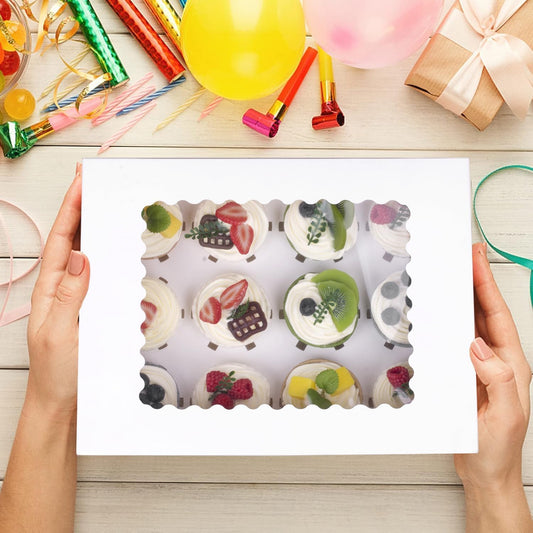 Pre-folded 12 count Cupcake Boxes, 6-Set Cupcake Container with Window Transport Holders Holding 72 pastry Box for Birthday, Holiday, Party Bakery Supplies 12.8" x 9.8" x 3.54" (White-6 Pack)