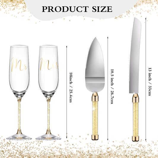Boao 4 Piece Wedding Cake Knife and Champagne Flutes Server Set Mr and Mrs Toasting Flutes Crystal Rhinestone Cake Cutting Set for Bride and Groom Wedding Engagement Bridal Shower Gifts(Silver)