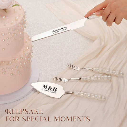 Pearl Wedding Cake Knife and Server Set with Forks, Cake Cutting Set with Stainless Steel Serrated Edges, Silver Pie Cutter Pizza Spatula, Gift for Bridal Couples Engagement (Mr & Mrs)
